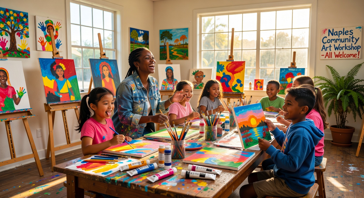 Hyper-detailed 8K image of volunteer artists teaching children in vibrant community arts workshop in Naples Florida with happy expressions and colorful artwork surrounding them