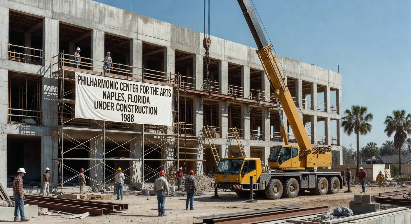 Cinematic 8K photograph of the historic Philharmonic Center for the Arts building under construction in 1988 with period construction equipment and workers