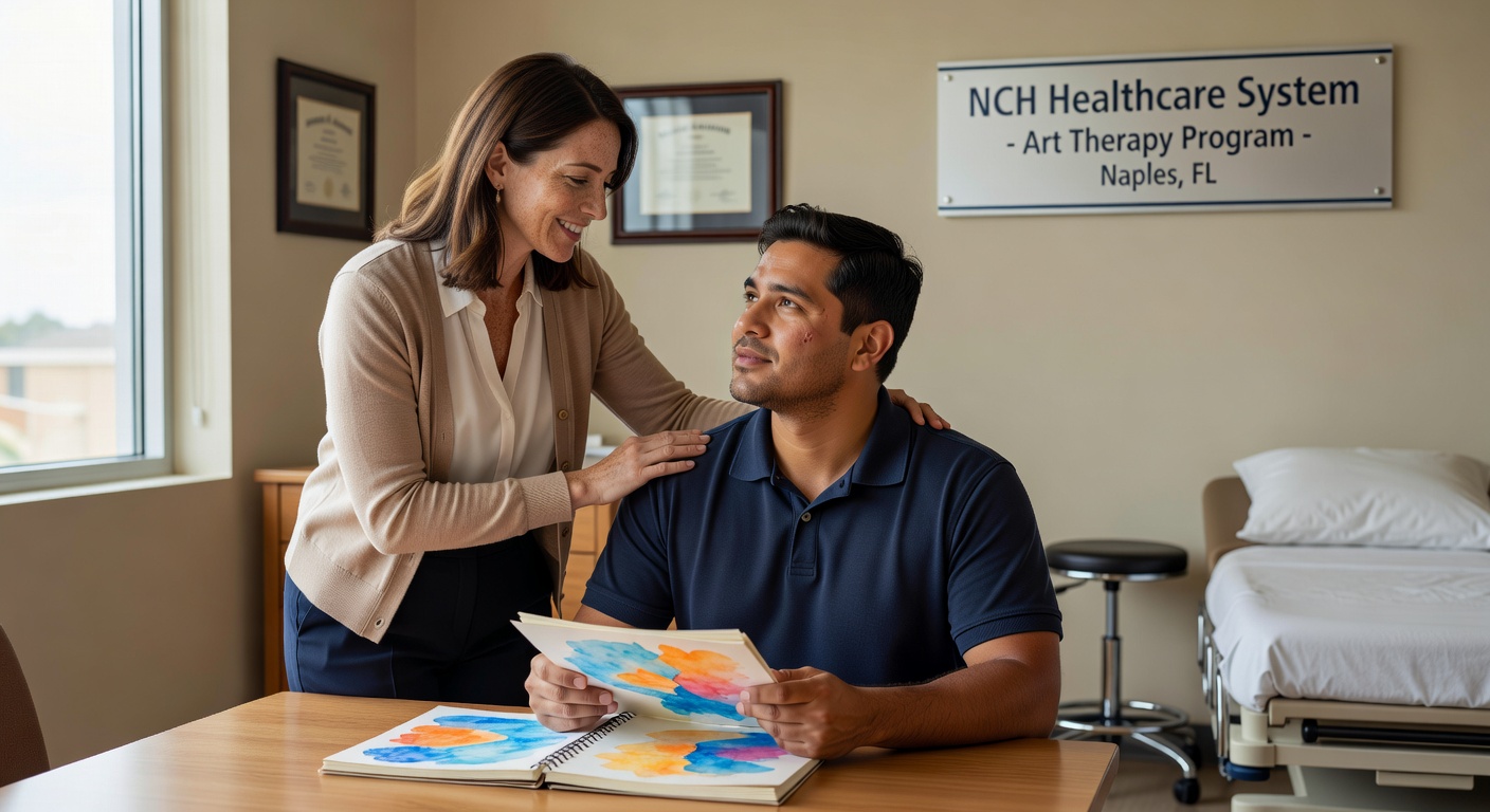 Ultra-realistic 8K image of a female art therapist gently guiding a patient at NCH hospital in Naples, compassionate interaction, clinical yet warm environment with medical elements subtly visible