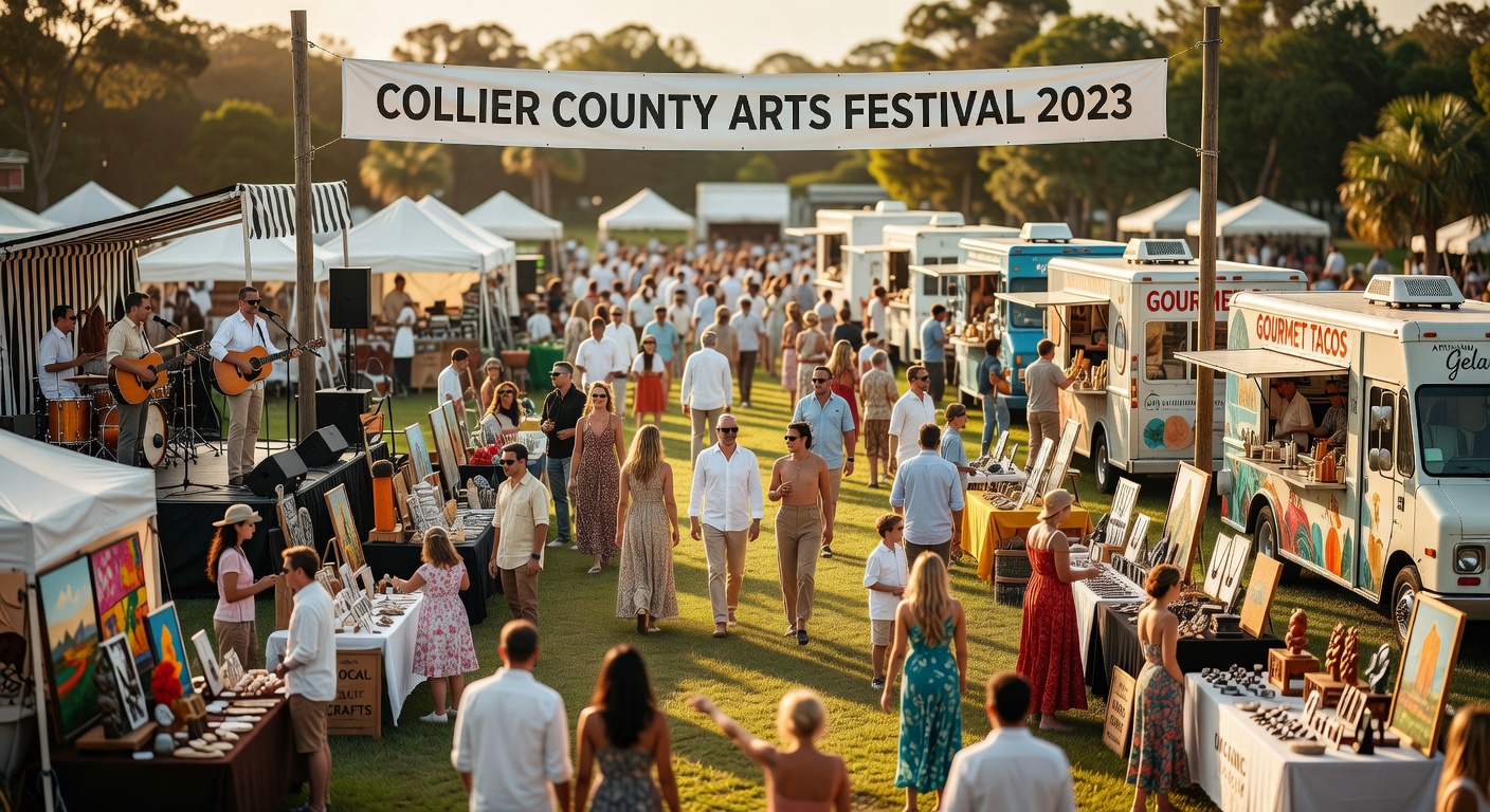 Cinematic ultra-realistic photograph of large crowd attending outdoor arts festival in Collier County with food trucks live music and vendor booths showing economic activity