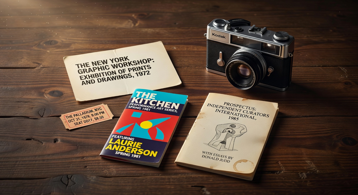Ultra-realistic 8K still life of 1970s-1980s arts ephemera including tickets, invitations, gallery brochures and a vintage Kodak Instamatic camera on dark wood surface