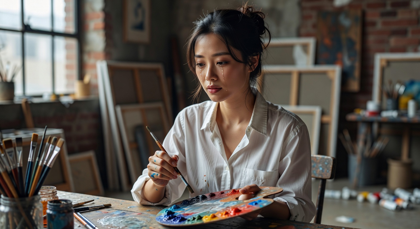 Dramatic ultra-realistic 8K portrait of a young woman experiencing emotional breakthrough while creating art, tears in eyes but peaceful expression, powerful therapeutic moment, soft side lighting